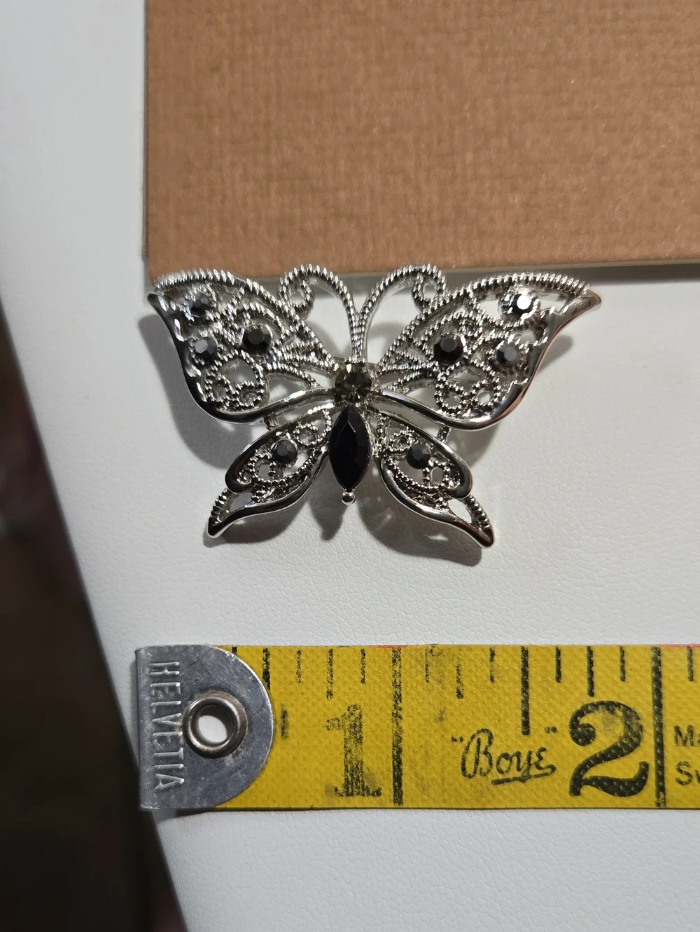 Vintage Silver Tone Butterfly Brooch with Black Stones